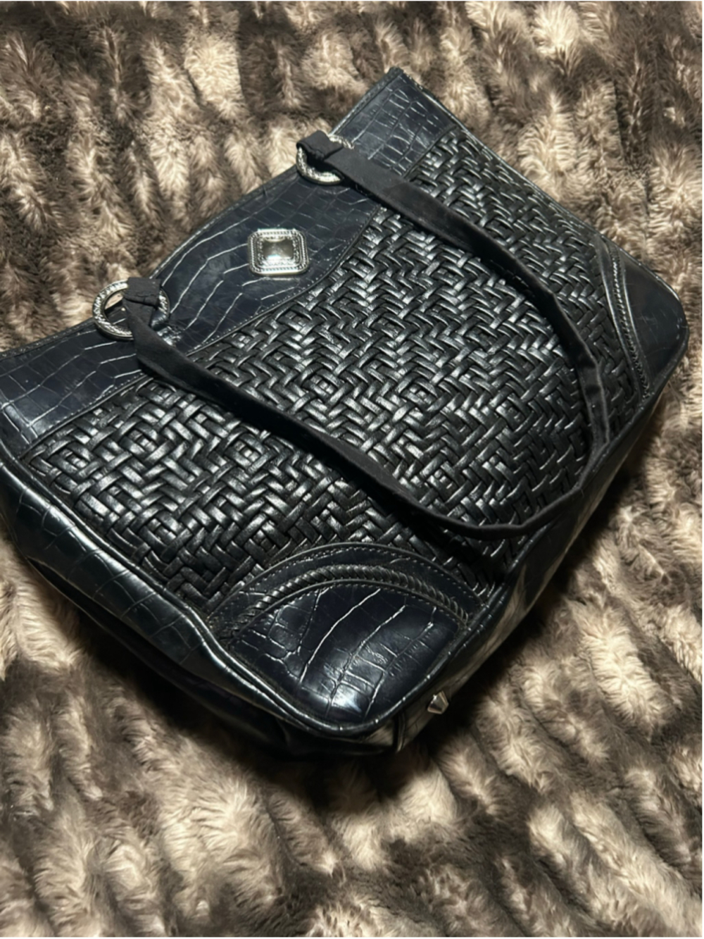 Women's coldwater creek Black Woven Crocodile Texture Tote Bag One Size